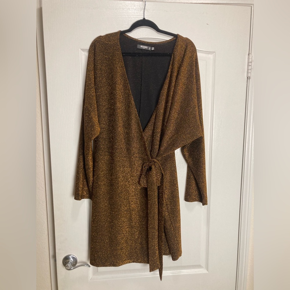 Misguided Plus Glitter Wrap Mini Dress,Size 18,Bronze ,Metallic,NYE,Festive